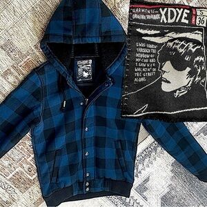 Vintage XDYE 90s Boys Blue Black Buffalo Plaid Hooded Zip Jacket Heavy Sz Small